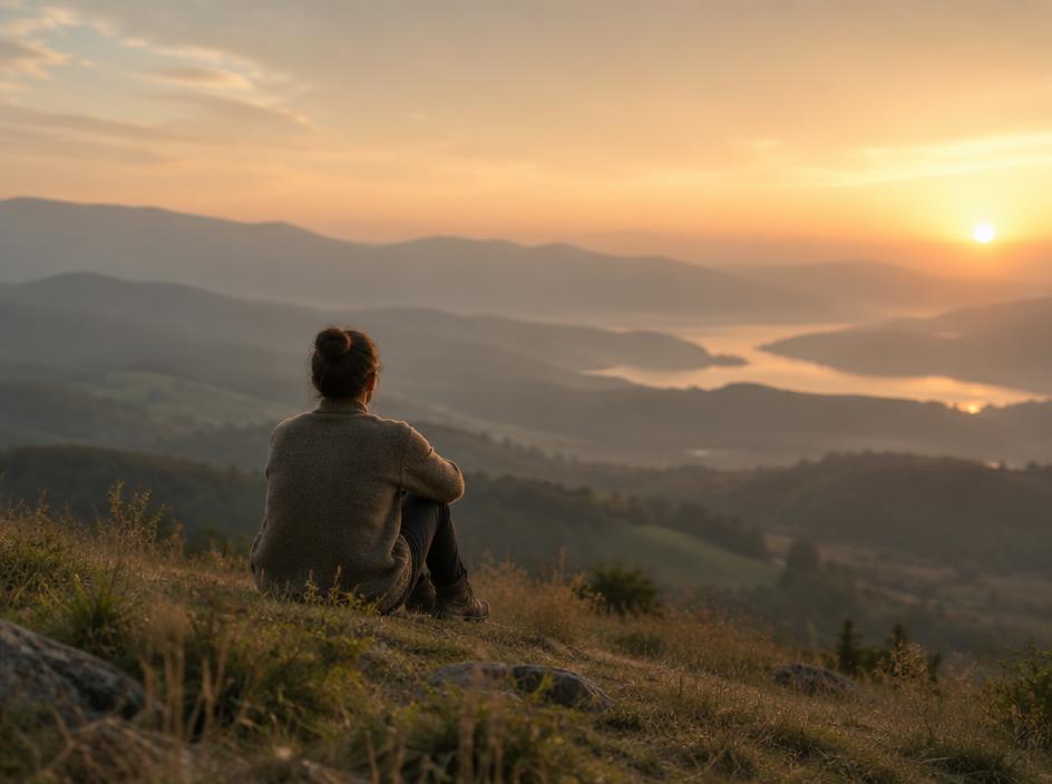 Une personne assise dans la nature contemple un paysage au coucher du soleil